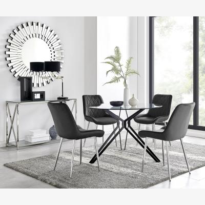 The Range Cascina Glass  Chrome Leg Dining Table  4 Pesaro Silver Leg Chairs - Black
