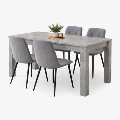 The Range Stone Grey Effect Dining Table and 4 Light Grey Diamond Stitch Velvet Chairs with Black Metal Legs - Light Grey