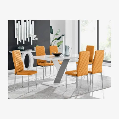 The Range Monza White High Gloss Dining Table  6 Milan Chrome Leg Chairs - Yellow