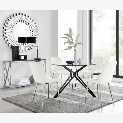 The Range Cascina Glass  Chrome Leg Dining Table  4 Pesaro Silver Leg Chairs - White