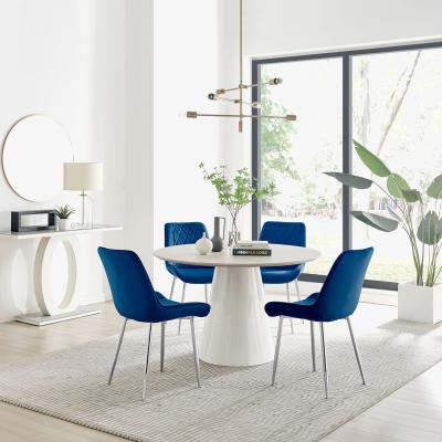 The Range Palma Beige Stone Effect Round Dining Table and 4 Pesaro Silver Chairs - Navy