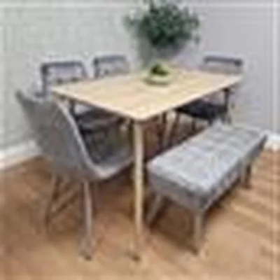 The Range Wooden Dining Table Set with 4 Grey Velvet Dining Chair And 1 Grey Velvet Bench
