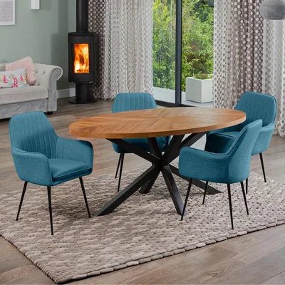The Range Dossena Oval Dining Table Set with 4 Carrara Fabric Chairs - Teal