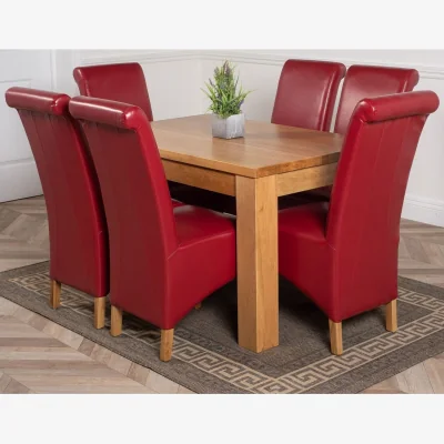 The Range Dakot 127 x 82cm Oak Small Dining Table and 6 Montana Leather Chairs - Red