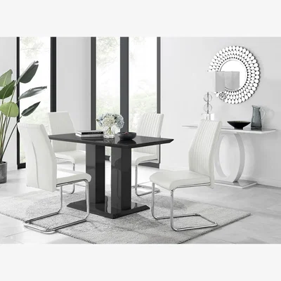 The Range Imperia 4 Modern Black High Gloss Dining Table and 4 Lorenzo Chrome Chairs Set - White