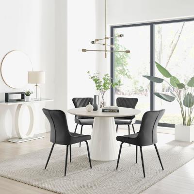 The Range Palma Beige Stone Effect Round Dining Table and 4 Nora Black Leg Chairs - Dark Grey