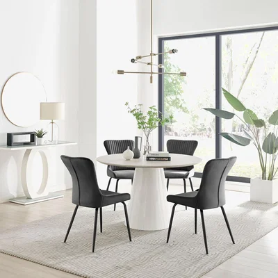 The Range Palma Beige Stone Effect Round Dining Table and 4 Nora Black Leg Chairs - Dark Grey