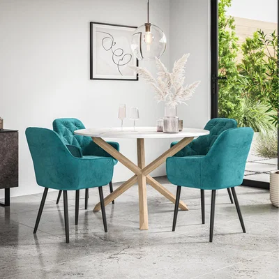 The Range Malvern Round Marble Effect Dining Table Set w Oak Legs w 4 Anika Velvet Chairs - Blue