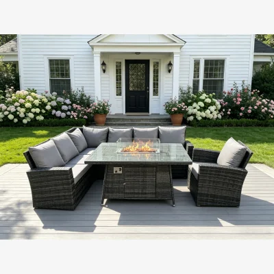 The Range Rattan 7 Seater Gas Fire Pit Corner Sofa Dining Set Chair - Dark Grey Mixed