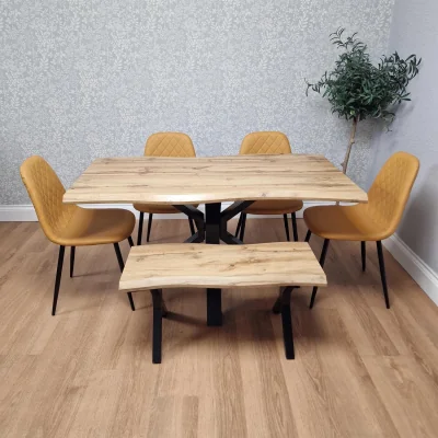 The Range Modern Dining Table with 4 Mustard Gem Faux Leather Chairs and 1 Bench - Brown
