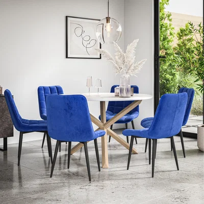 The Range Malvern Round Marble Effect Dining Table Set w Oak Legs w 4-6 Nova Velvet Chair - Blue