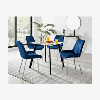 The Range Seattle Glass and Black Leg Square Dining Table and 4 Pesaro Silver Chairs - Navy Blue