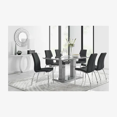 The Range Imperia Grey Modern High Gloss Dining Table And 6 Lorenzo Dining Chairs Set - Black