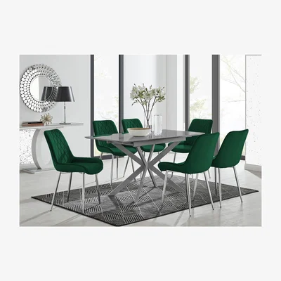 The Range Lira 120cm Grey Metal Extending Dining Table  6 Pesaro Silver Chairs - Green