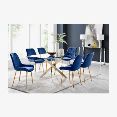 The Range Leonardo 6 Gold Dining Table and 6 Pesaro Gold Leg Chairs - Blue