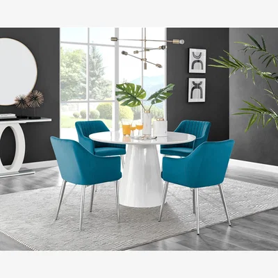 The Range Palma White High Gloss Round Dining Table and 4 Calla Silver Leg Chairs - Blue