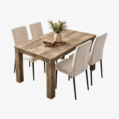 The Range Kitchen Dining Set with Rustic Wood Effect Table and 4 Cream High Back Diamond Stitch Velvet Chairs - Cream