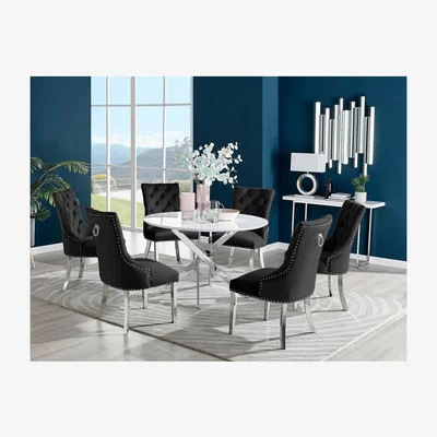 The Range Novara White High Gloss 120cm Round Dining Table And 6 Belgravia Chairs - Black