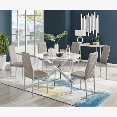 The Range Novara White Marble Effect 120cm Dining Table and 6 Milan Chrome Leg Chairs - Cappuccino