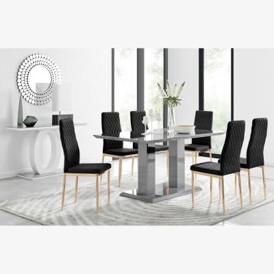 The Range Imperia 6 Grey Dining Table and 6 Velvet Milan Gold Leg Chairs - Black