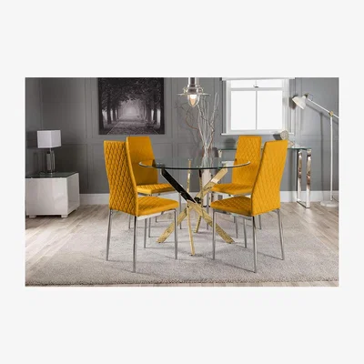 The Range Novara Gold Metal Round Glass Dining Table  4 Milan Dining Chairs - Mustard