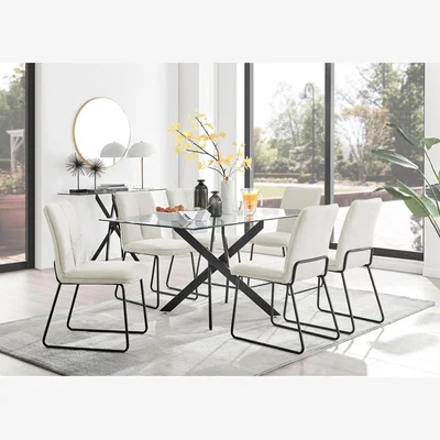 The Range Leonardo 6 Black Leg Glass Modern Kitchen Dining Table and 6 Halle Chairs - Cream