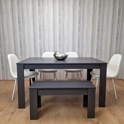 The Range Grey Dining Table 4 Stitched White Chairs and 1 Bench Dining Set - Charcoal