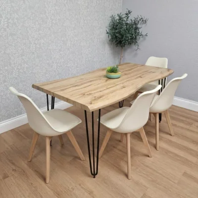The Range Modern Dining Table 117cm with Metal Hairpin Legs and Set of 4 Cream Dining Chairs - Brown