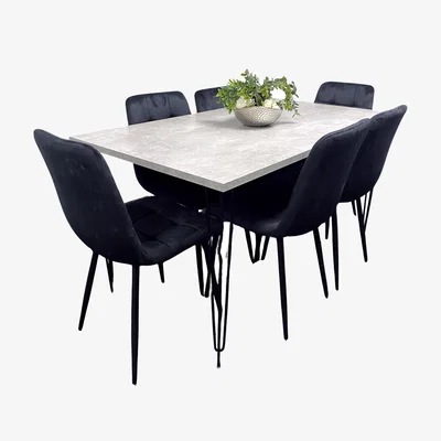 The Range Kosy Koala Iron Stone Grey Dining Set with 6 Velvet Chairs - Black