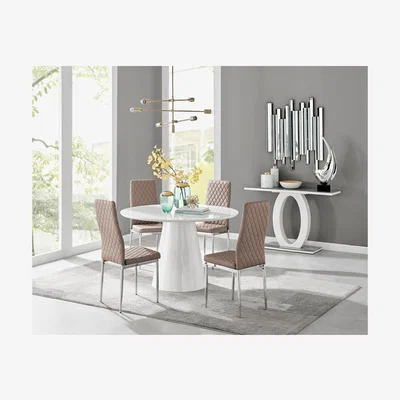 The Range Palma White High Gloss Round Dining Table and 4 Milan Chrome Leg Chairs - Cappuccino