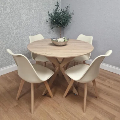 The Range 4 Seater Round Dining Table with 4 Cream Chairs Wood Effect X Legs Kitchen Dining Room Furniture Set - Brown