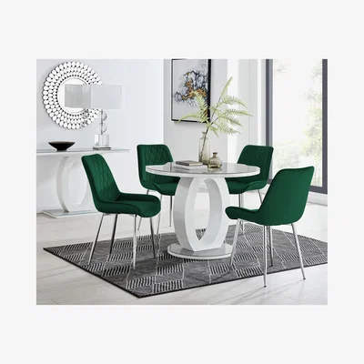 The Range Giovani Round Grey 100cm Table and 4 Pesaro Silver Leg Chairs - Green