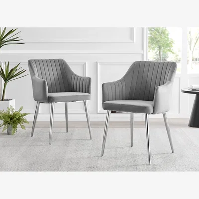 The Range Palma White Marble Effect Dining Table and 4 Calla Silver Leg Chairs - Grey