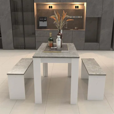 The Range Dining Table Set with 2 Benches - Grey