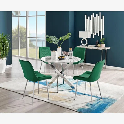 The Range Novara White Marble Effect Dining Table and 4 Pesaro Silver Chairs - Green