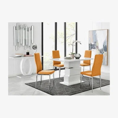 The Range Apollo Rectangle White High Gloss Chrome Dining Table And 4 Milan Chairs - Mustard
