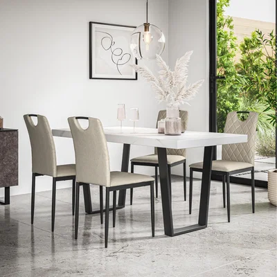 The Range Aria Dining Table And Chairs - Marble Effect Table w 4-6 Monza Linen Chair - Beige / 4