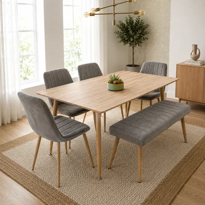 The Range Wood-Effect Rectangular Dining Table Set with 4 Grey Velvet Chairs, Bench & Metal Legs, 140cm - Brown
