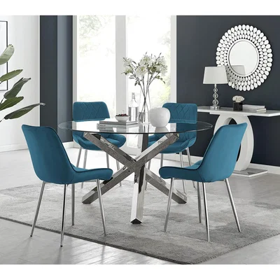 The Range Vogue Round Dining Table  4 Pesaro Silver Leg Chairs - Blue