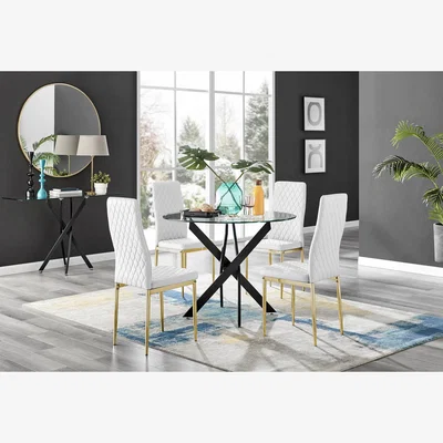 The Range Novara Black Leg Round Glass Dining Table With Four Milan Gold Leg Chairs - White