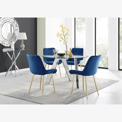 The Range Lugano Round Dining Table and 4 Pesaro Gold Leg Chairs - Navy