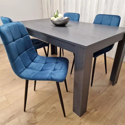 The Range Dining Table and 4 Blue Velvet Chairs Set - Dark Grey Blue