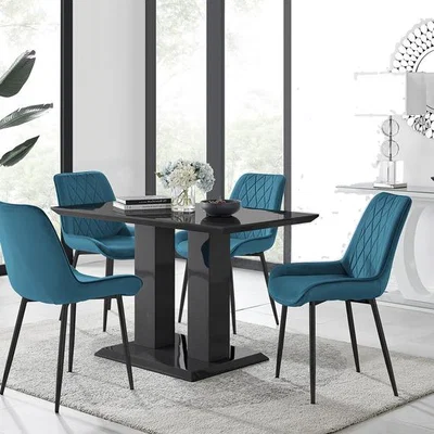 The Range Imperia 4-Person Black Dining Table with 4 Pesaro Black Leg Chairs - Blue