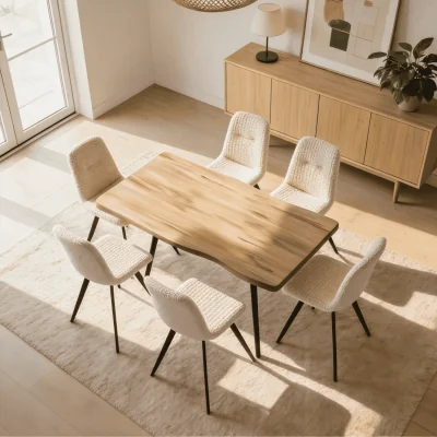 The Range Avara Oakgrain Effect Dining Table and Ashford Upholstered Chairs Set    - Oak effect & Off White / 140cm / MDF, Metal, Foam, Fabric / Table & 6 chair