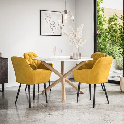 The Range Malvern Round Marble Effect Dining Table Set w Oak Legs w 4 Anika Velvet Chairs - Mustard