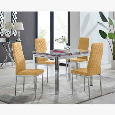 The Range Enna White Glass Extending Dining Table and 4 Velvet Milan Chairs - Mustard