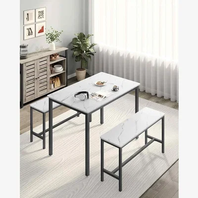 The Range 3 Piece Dining Table and Bench Set for 4, White & Black - Marble White, Ink Black