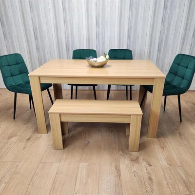 The Range Oak Effect Table with 4 Velvet Chairs and Bench Set - Green