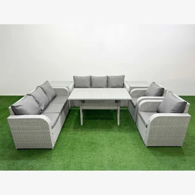 The Range Fimous 7-Piece PE Rattan High-Back Patio Sofa & Dining Set with Reclining Chairs, Light Grey. - Light Grey