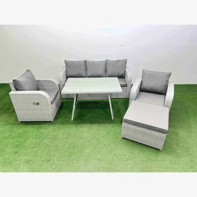 The Range Fimous 6-Seat Reclining Sofa & Dining Set with Footstool, Light Grey. - Light grey rattan + dark grey fabric